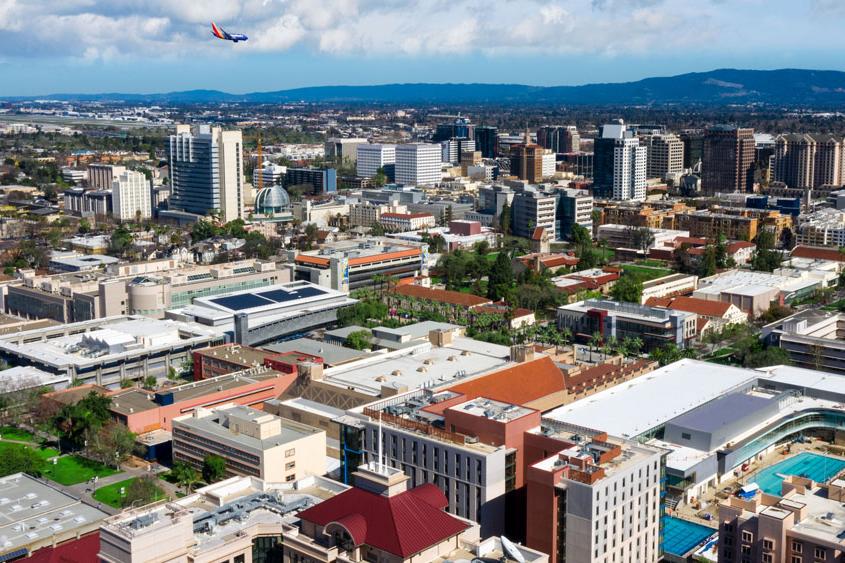 An aerial view of campus within downtown san jose.